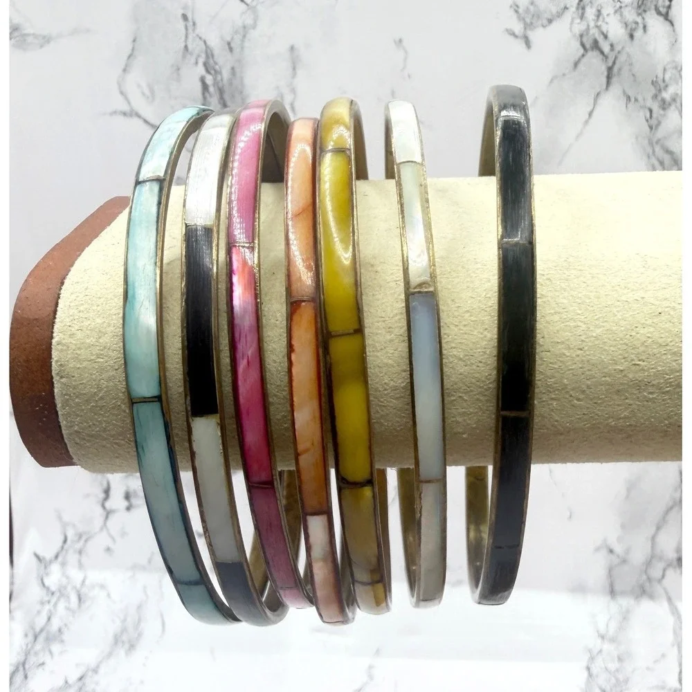 Set of 7 Gold Tone Colorful Inlay Bangle Bracelets Boho Stacking Jewelry